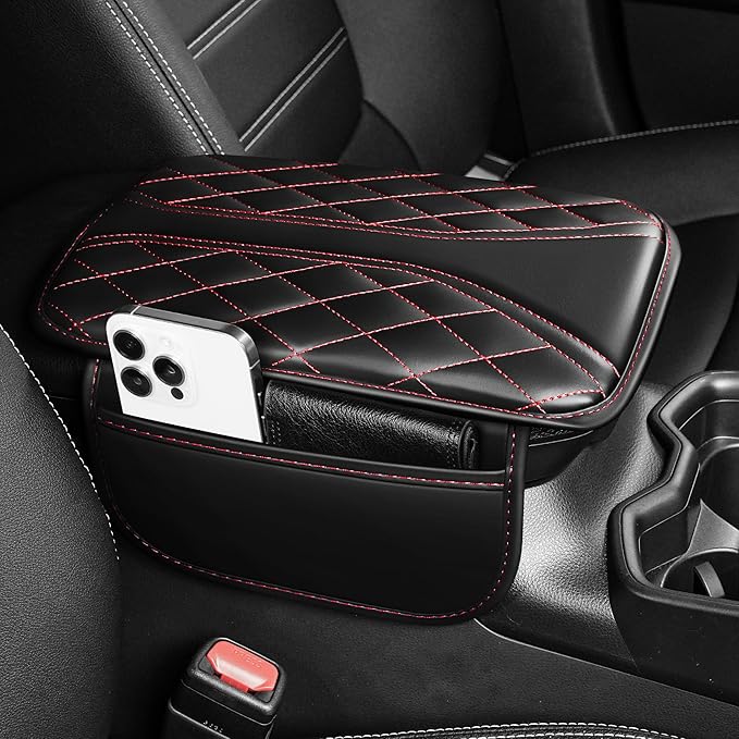 Center Console Cover Fit for Kia Sportage 2005-2025 with 2 Storage Bags Waterproof Leather Quilted Pattern Car Armrest Cover Cushion Anti - Slip(002#Black&Red Line)