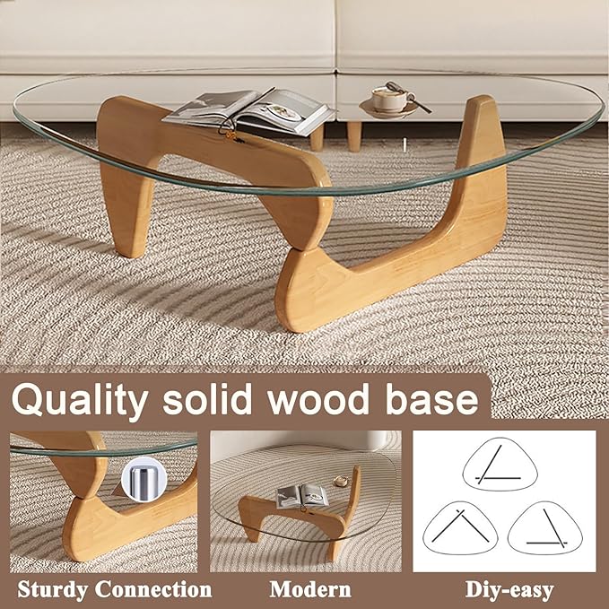 Mid Century Modern Glass Coffee Table, Coffee Table for Living Room, Noguchi Coffee Tables,Suitable for Bedroom Living Room Reception Office Tables (Wood/Transparent, ML)