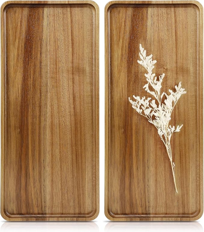 2 pcs 15.7" x 7" Large Solid Acacia Wood Serving Trays Rectangular Wooden Serving Platters Natural Wooden Boards for Bar Coffee Party