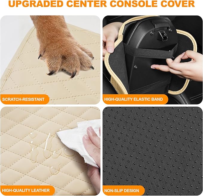Car Center Console Cover Fit for Mazda Mazda 3 - Upgraded Faux Leather Armrest Cushion with 2 Storage Pockets - Waterproof Armrest Protector for Car (Beige & Whiteline)