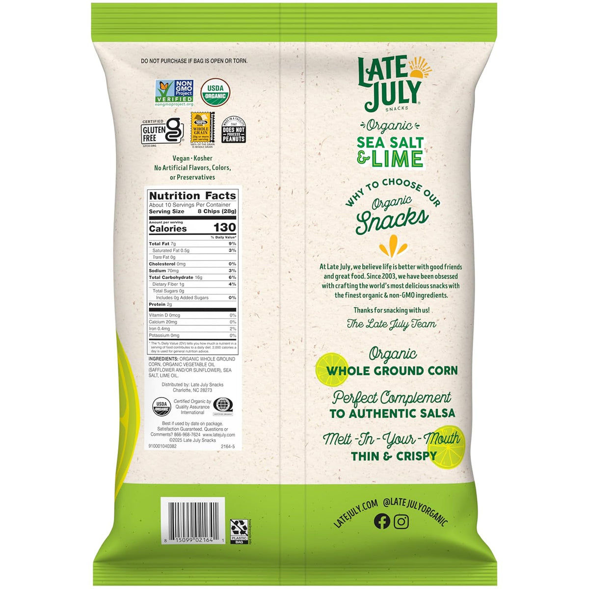 Late July Sea Salt & Lime Organic Tortilla Chips, 10.1 Oz Bag