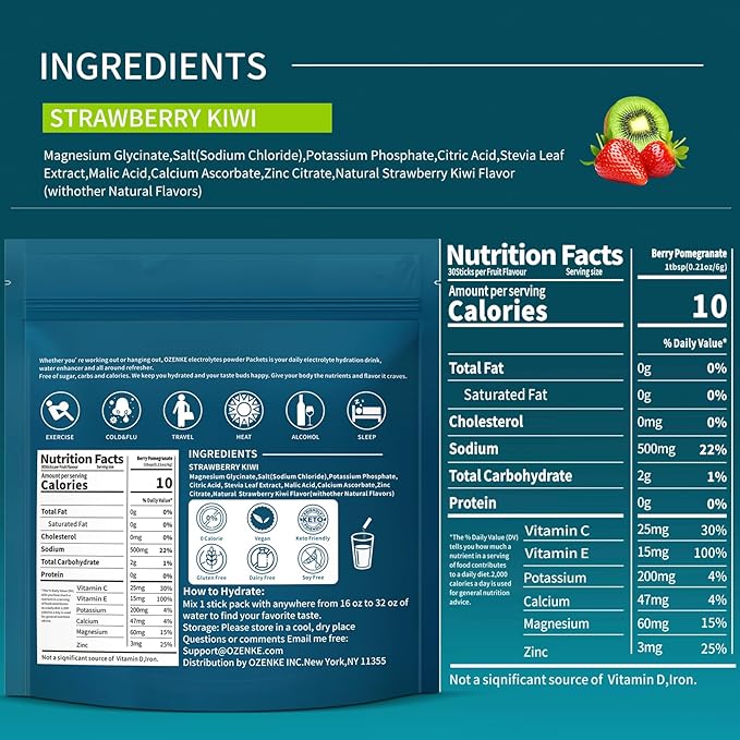 Electrolytes Powder Packets, 30 Sticks Hydration Packet Sugar Free, Electrolyte Drink Mix Travel Electrolyte for Rapid Hydration, Strawberry Kiwi