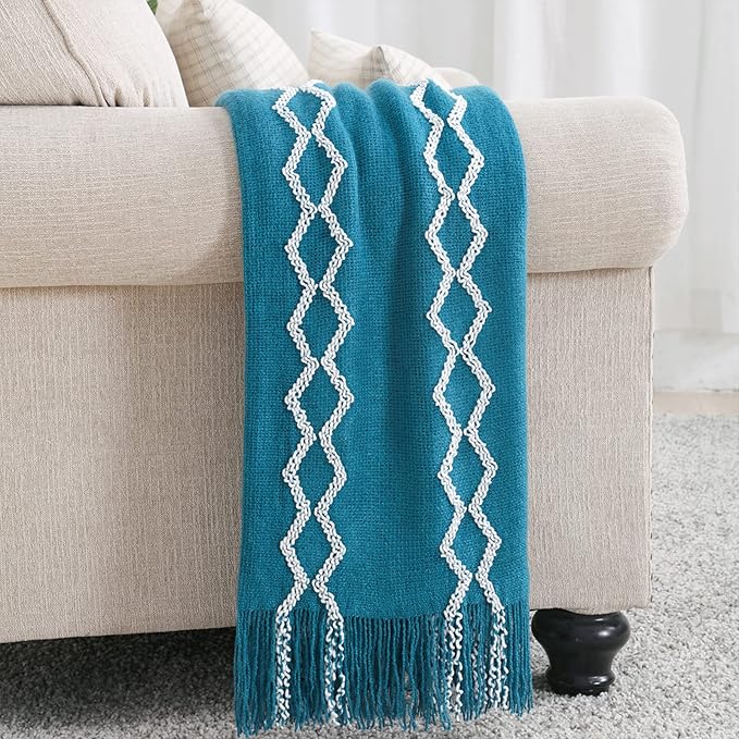 BOURINA Fluffy Chenille Knitted Fringe Throw Blanket Lightweight Soft Cozy for Bed Sofa Chair Throw Blankets Teal 60" x 80"