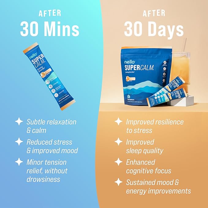 Nello Supercalm Powdered Drink Mix, Cortisol Reducer* and Sleep Aid Supplement, L Theanine, Ksm-66 Ashwagandha, Magnesium Glycinate, Vitamin D 3, No Sugar, Non GMO, On The Go, 20 Ct, Orange Creamsicle