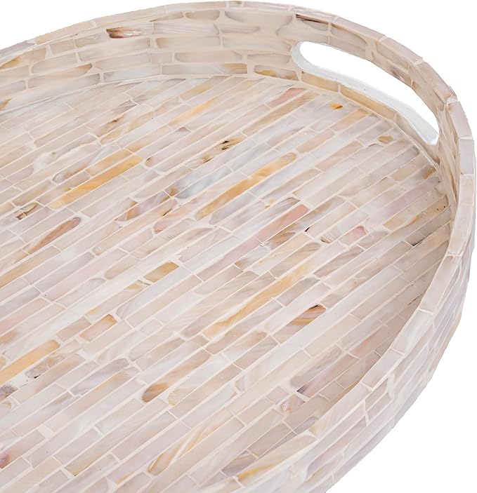 PEMAR 15.7"x11.8" Oval Mother of Pearl Serving Tray, Decorative Ottoman Tray for Living Room, Coffee Table, Breakfast in Bed, Candle Display (White Cream)