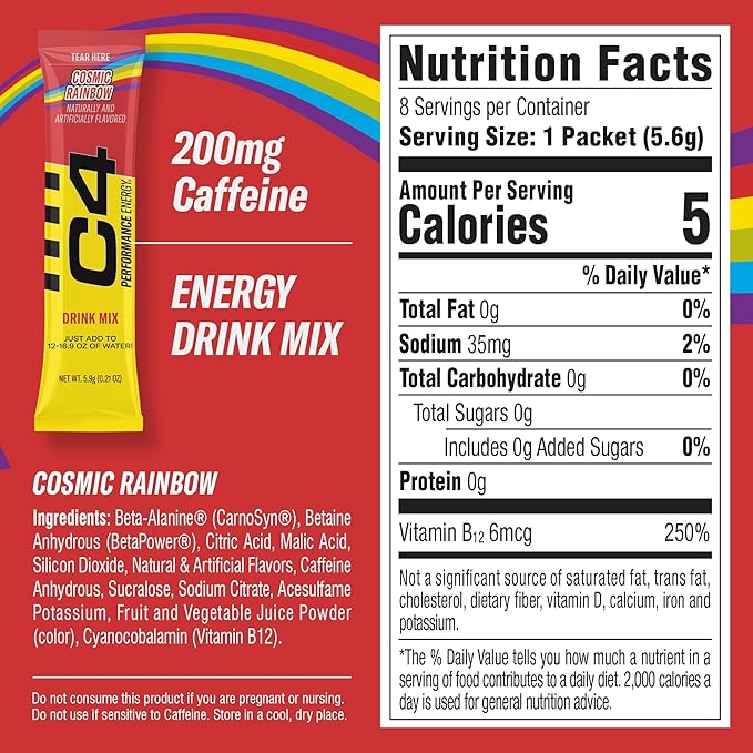 C4 Performance Energy, Cosmic Rainbow, 200mg Caffeine, Zero Sugar, NSF (2 Boxes, 16 Sticks)