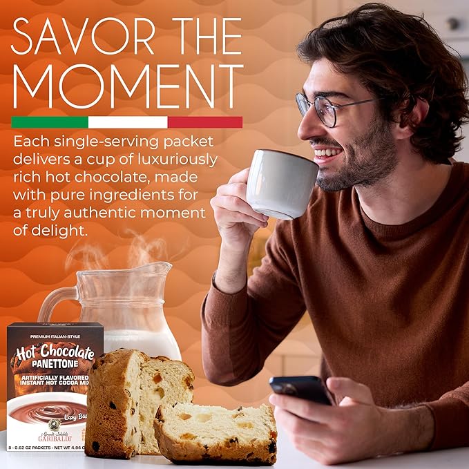 Cafe Garibaldi Premium Panettone Hot Chocolate - Instant Cocoa Mix with Cocoa Powder, Gluten-Free & GMO-Free, 8 Servings x 0.62oz Packets, Ideal Italian Hot Chocolate Gift