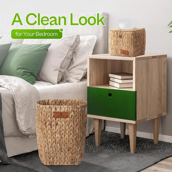 Handwoven Water Hyacinth Decorative Basket, Small Bathroom Trash Can 10L, Open-Top Woven Organizer for Bathroom, Bedroom & Living Room, Natural Fiber, 11 Inch