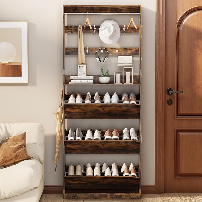 Shoe Cabinet for Entryway with 3 Flip Drawers, Brown Tall Wood Shoe Storage Cabinet with Coat Rack, Narrow Hidden Slim Freestanding Shoe Rack Organizer, 2 in 1 Hall Tree for Living Room, Hallway
