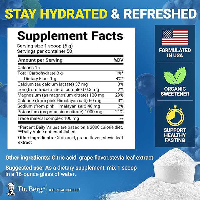 Dr. Berg Zero Sugar Hydration Keto Electrolyte Powder - Enhanced w/ 1000 mg of Potassium & Real Pink Himalayan Salt (NOT Table Salt) - Grape Flavor Hydration Drink Mix Supplement - 50 Servings