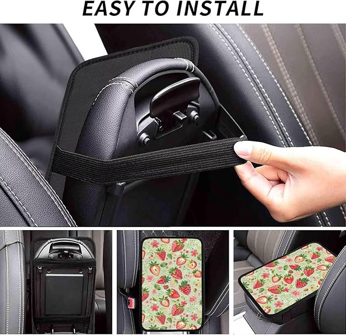 Car Center Console Cushion Pad Strawberry Cute Red Waterproof Armrest Seat Box Cover Protector Sage Green Cars Decor Accessories Fit for Most Cars Sedans Vans Truck Vehicles, SUV