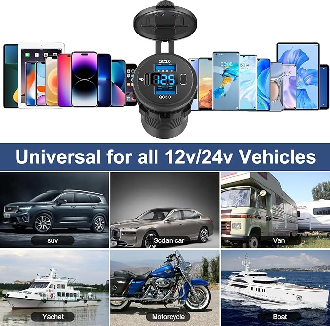 12 Volt USB Outlet Dual Quick Charge 3.0 Port and PD3.0 USB C Car Battery Chargers Socket, Waterproof 12V Power Outlet Cigarette Lighter Replacement DIY Kit with Voltmeter and Switch for Boat