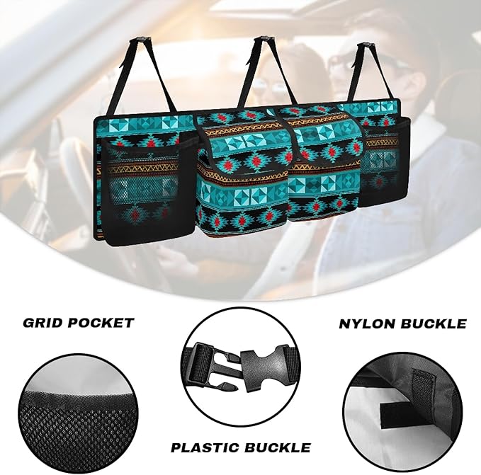 CLOHOMIN Aztec Ethnic Gemoetric Car Trunk Organizer for Sedan Truck SUV Van Blue Back Seat Storage with 4 Pockets Hanging Car Cargo Trunk Storage Organizer Bag