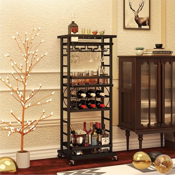 4 Tier Bar Cart with Wheels, Home Bar Serving Cart, Rolling Mini Wine Cart with Wine Rack and Glass Holder, Drink Cart for Dining Room, Living Room, Kitchen, Bar and Outdoor Black