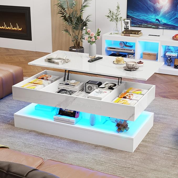 47.2" Large Lift Top Coffee Table, Modern LED High Glossy Coffee Table with Charging Station, Lights, Hidden Compartment Storage, Lift Center Tables for Living Room, Home Office, White