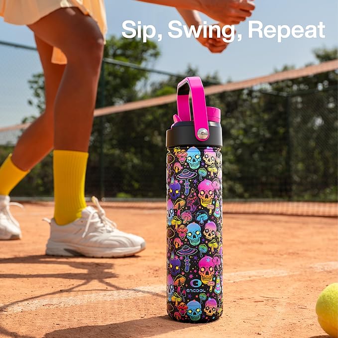 ENCOOL Insulated Water Bottle with Straw Stainless Steel Water Bottle, Leak-Proof, BPA-Free, Double Wall Vacuum Keeps Cold for 24 Hours for Sports, Travel, School (26 oz, Trippy Skulls)