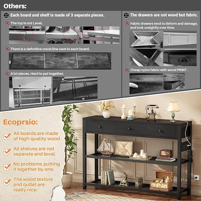 Ecopriso 47'' Entryway Table with Outlets and USB Ports, Console Table with 3 Drawers, Sofa Table Narrow Long with Storage Shelves for Living Room, Couch, Hallway, Foyer, Kitchen Counter, Black