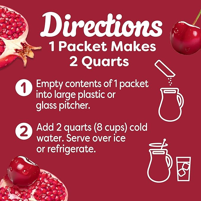 Crystal Light Zero Sugar Cherry Pomegranate Drink Mix, Naturally Flavored Powdered Beverage Packets, Low Calorie Water Flavoring for Pitchers, 10 Quarts per Box, 2.2 Oz (Pack of 12)