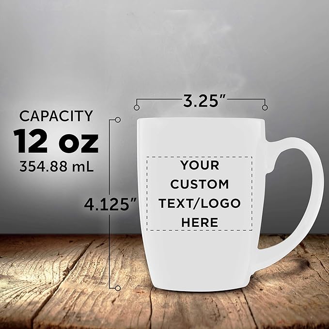 DISCOUNT PROMOS Custom Curved Java Coffee Mug 12 oz. Set of 10/50/100 - Personalized Bulk Pack - Stoneware Restaurant Cups - White