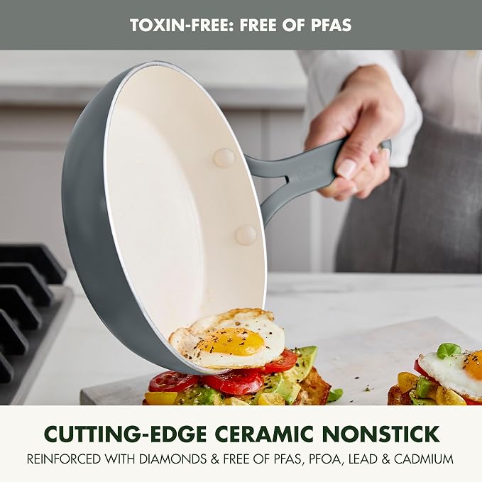 GreenPan Nova 2-Piece Nonstick Frying Pan Set, 8” & 10” Skillets, PFAS-Free Ceramic Cookware, Durable Fast Heating, Induction Ready, Omelet & Eggs, Oven Safe to 600F, Dishwasher Safe, Slate Gray