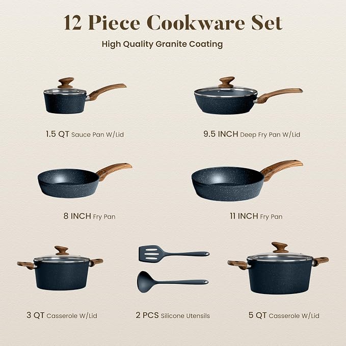 Kitchen Academy Blue Pots and Pans Set Non Stick, 12Pcs Induction Cookware | Premium die-cast aluminum, nonstick granite coating, fast heating, easy to clean, PFOA & PFOS free, toxic-free cooking