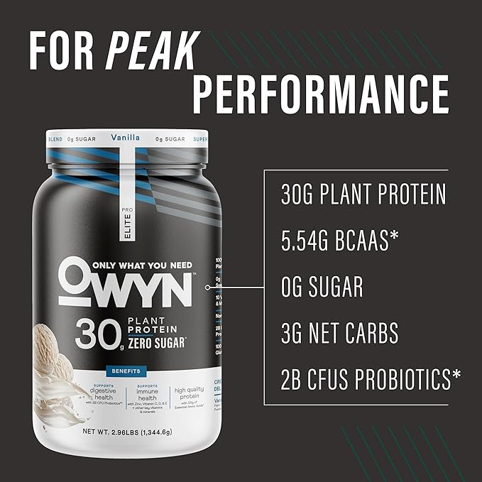 OWYN Only What You Need Pro Elite Vanilla Flavored Protein Powder, 32g Protein, 0g Sugar, 4g Fiber, High Protein, Dairy Free, Gluten Free, Plant Based Protein Powder, 2.9LB