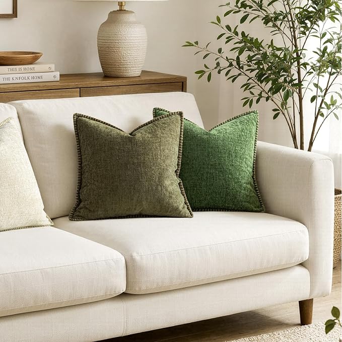 MIULEE Pack of 2 Couch Throw Pillow Covers 20x20 Inch Olive Green Farmhouse Decorative Pillow Covers with Stitched Edge Soft Chenille Solid Dyed Pillow Covers for Sofa Bed Living Room