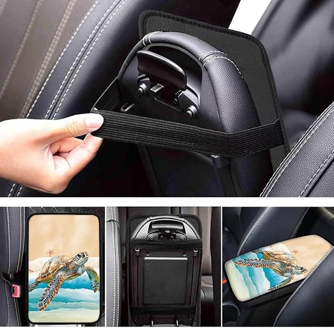 Suobstales Turtle Starfish Beach Print Car Armrest Pad Soft Center Console Arm Rest Protector Cover Universal Car Interior Accessories Decoration