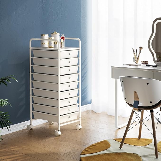 9-Tier Utility Cart with 9 Drawers, Rolling Utility Cart with 2 Lockable Caster Wheels, Multipurpose Mobile Rolling Storage Drawer Cart for Office Bathroom Kitchen, Ivory White