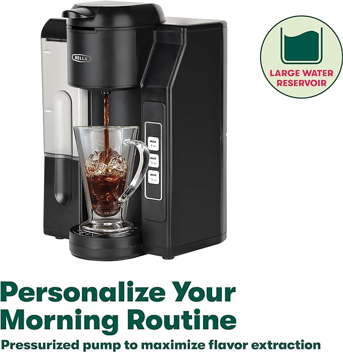 BELLA Single Serve Coffee Maker, Dual Brew, K-cup Compatible - Ground Coffee Brewer with Removable Water Tank & Adjustable Drip Tray, Perfect for Travel Mug