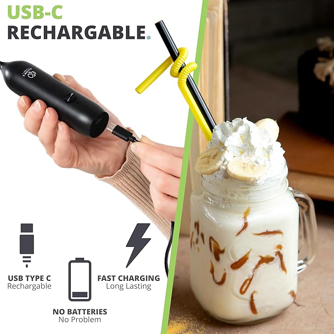 Oliver's Kitchen ® Handheld Milk Frother - Create Milky Foam For Coffee, Cappucino, Hot Chocalate And More in Seconds - USB-C Rechargeable