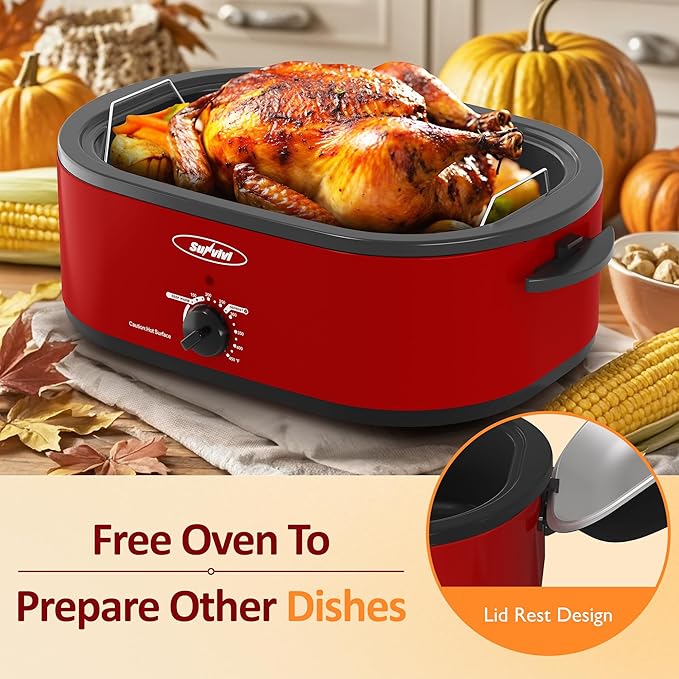 Sunvivi Electric Roaster,18 Quart Roasting Oven with Self-Basting Lid Removable Pan,Turkey Roaster Oven with 150 to 450F Temperature Control Cool-Touch Handles,Red