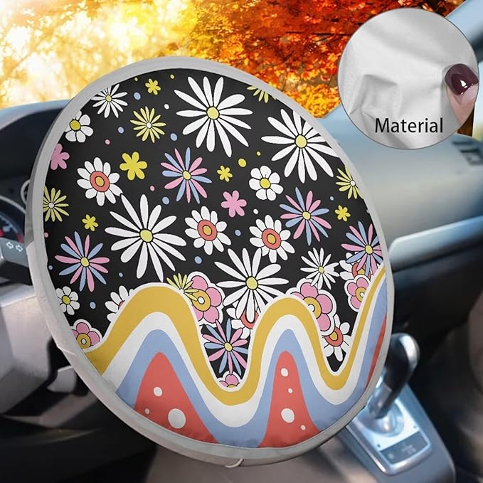 Groovy Hippie Flower Pattern Steering Wheel Sunshade Cover Fit Most Truck Van Car SUV Steering Wheel UV Reflector Shade Cover Sun Protection Car Interior Accessories