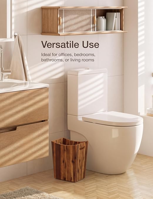 Tidita 2 Gallon Rectangular Wastebasket with Built-in Handles, Walnut Color | Acacia Wood, Rectangular Shape, Integrated Handles, Garbage Bin for Spa, Bathroom, Kitchen Counter, Living Room, Walnut Color