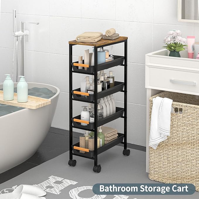 5 Tier Slim Rolling Utility Cart with Drawers Pull-Out Design Slim Storage Cart with Metal Frame and Wooden Top for Narrow Space in Home Kitchen Bathroom Black (Width 8.1 Inches)
