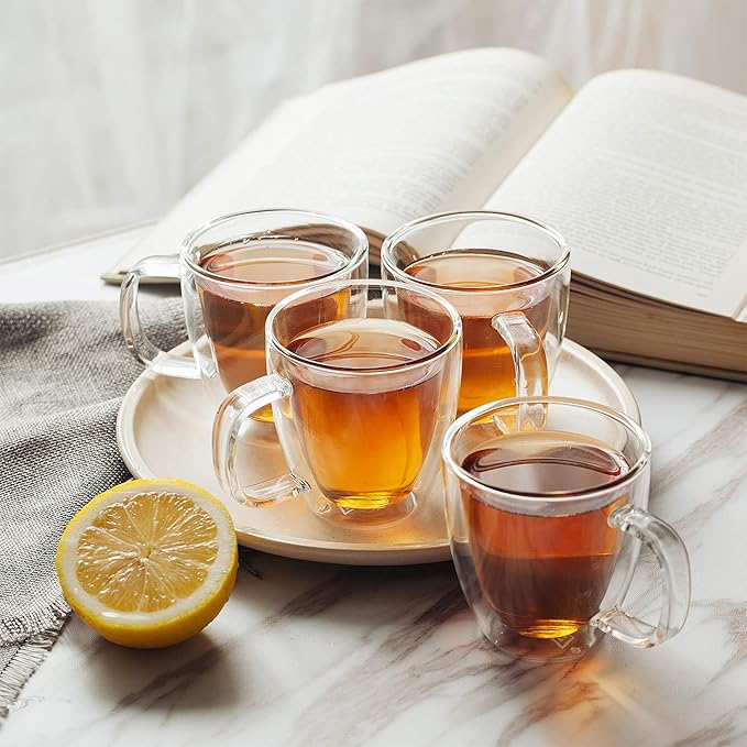 BTaT- Double Walled Glass Coffee Mugs, 16 oz, Set of 4, Glass Coffee Cups with Handle, Insulated Clear Coffee Mug for Hot and Cold Beverages, Cappuccino, Latte, Tea, Americano, Microwave Safe
