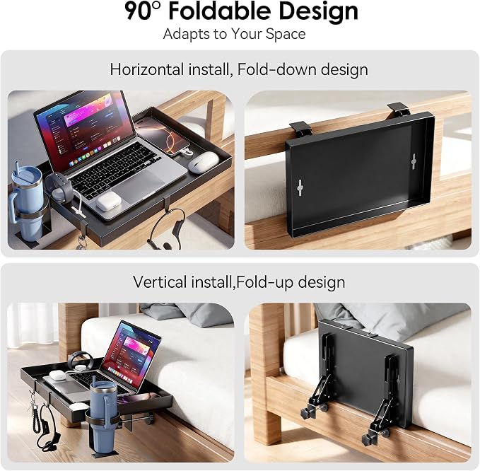 INNOPLUS Foldable Bedside Shelf, Heavy Duty Metal Clip-On Bed Tray Table for Top Bunk Beds,Floating Desk Tray for Dorm Room Essentials Loft Nightstand Organizer with Cup Holder & Cord Holes