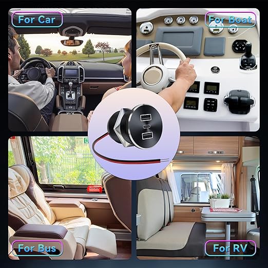 2PCS 72W RV USB Outlet All-Aluminum 12V/24V 3 Charging Ports, GIBBAB 36W PD3.0 Type-C+2 18W QC3.0 Fast Charging Socket, Recessed Mount Car Charger Cigarette Lighter Replacement for Camper Trailer Boat