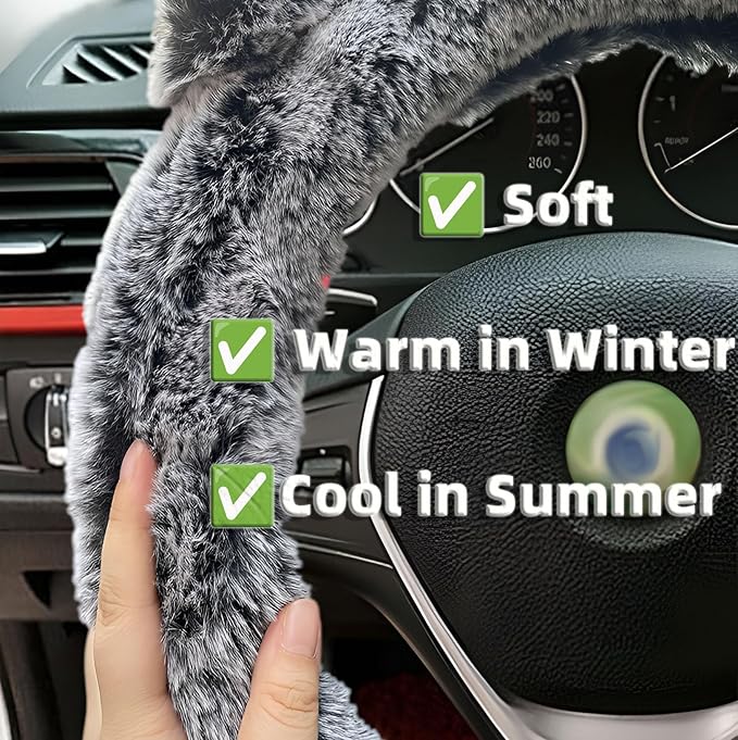 Fuzzy Steering Wheel Cover, Cute Fluffy Car Wheel Cover Women Bear Panda Ears 14.5" 15inch, Soft Warm Furry Plush Wool Fur Wheel Protector & Handbrake & Gear Shift Cover Set, Winter Warmer hands, Grey