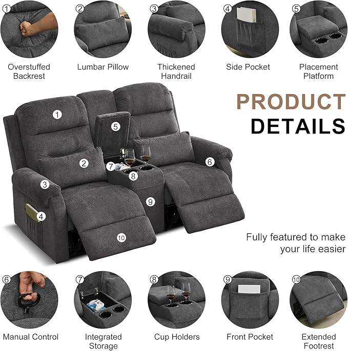 DRMBOOK RV Loveseat Recliner Sofa with Console, Flax Velvet Double Wall Hugger Reclining Couch Manual Home Movie Seating 2 Person Recliner Chair with Cup Holders/Storage/Pocket/Lumbar Pillow, Grey