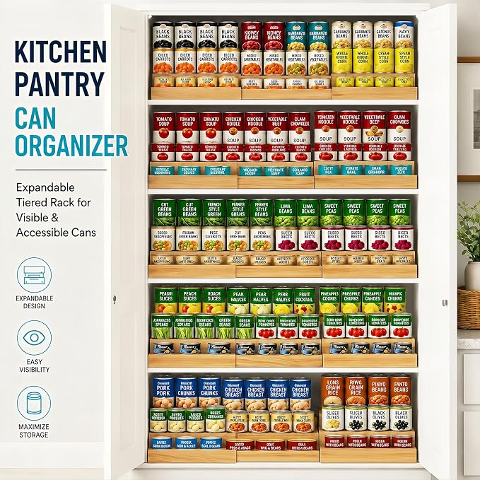 Expandable 3-Tier Wooden Can Organizer for Pantry, Adjustable Shelf Holds 24 Cans, Storage Rack for Cabinet & Countertop, Space Saving Pantry Organizer for Small Kitchens and Apartments