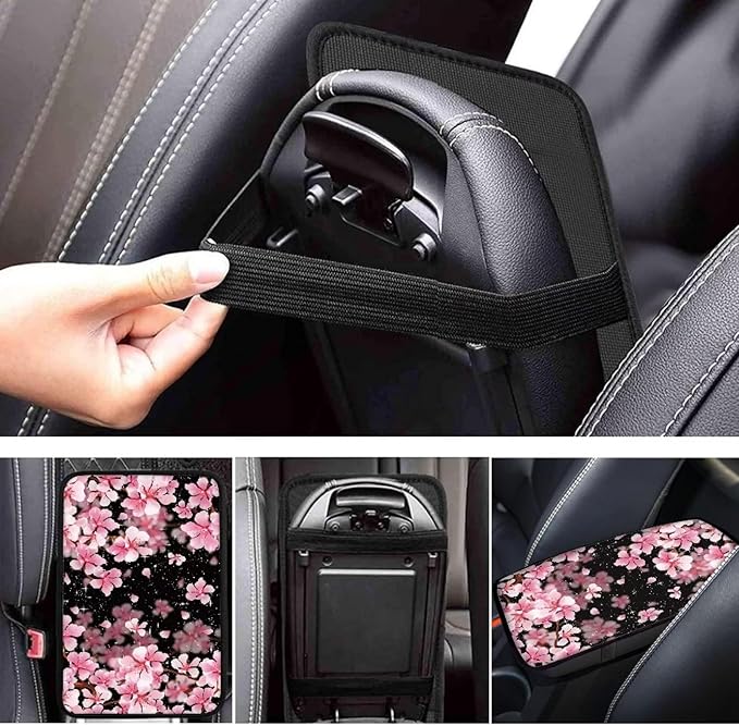 Dreaweet Pink Cherry Blossom Print Console Armrest Cover,Cute Car Accessories for Women Soft Comfy Center Console Pad Cover,Universal Armrest Box Mat