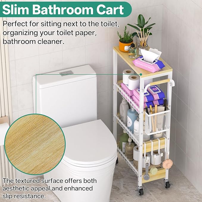 Slim Rolling Storage Cart, 4 Tier Small Organizer Cart with Wheels, Metal Utility Shelf Kitchen Bathroom Laundry Room Organization Trolley with Handle for Narrow Space (9.1" Overall Width)