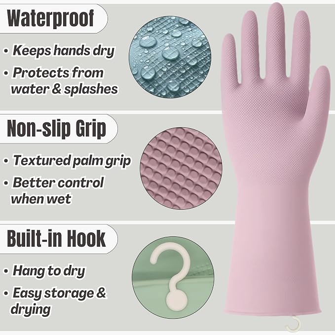 IMARU 3 Pairs Dishwashing Gloves with Hanging Hooks - Reusable Rubber Cleaning Gloves for Household & Kitchen & Gardening, Non-Slip & Waterproof & Durable (Large)