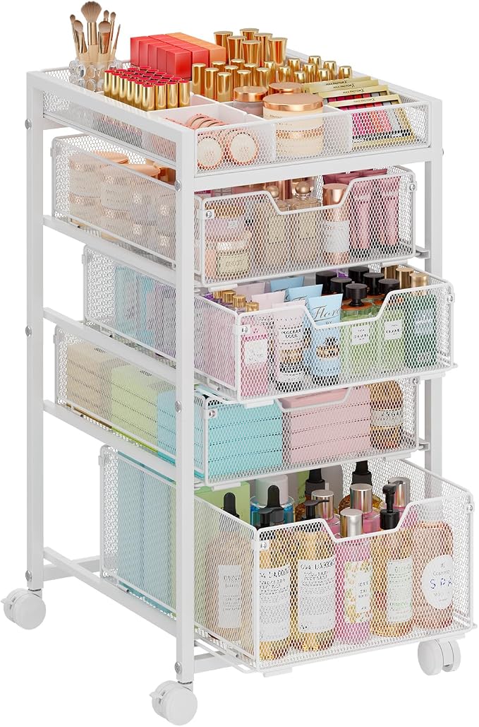 5-Tier Rolling Makeup Cart Organizer with 4 Drawers, Cosmetics Display with Dividers, Floor Skincare Storage with Wheels, Versatile Vanity Organizer for Nail Polish Perfume Brush Hair Tool, White