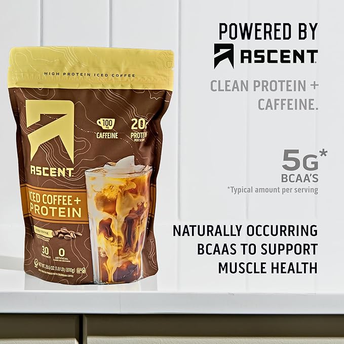 Ascent Iced Coffee Protein Powder - High Protein Coffee Powder, 20 g Protein & 100 mg Caffeine - 30 Servings