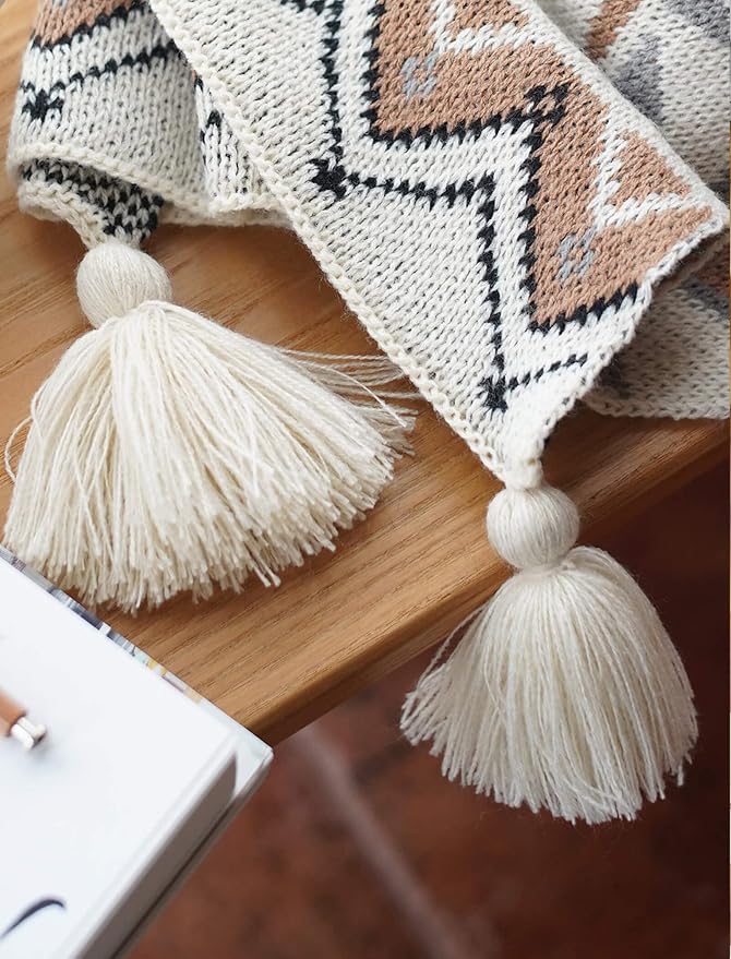 Brown Queen Size Knitted Tassel Boho Soft Lightweight Vintage Tan Throw Blanket for Sofa Couch Bed and Living Room- All Seasons (60x80 Inch)