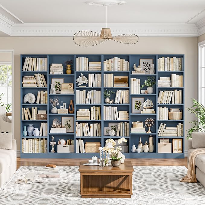 FACBOTALL Triple Wide Bookshelf, 6 Tier Large Bookshelf, Bookcase with 17 Open Display Shelves, 74'' Tall Bookcases and Bookshelves for Living Room, Home Office, Library, Blue