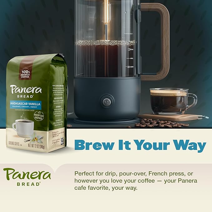 Panera Madagascar Vanilla Ground Coffee - Light Roast, Natural Vanilla Flavor - 100% Arabica, No Artificial Ingredients - Bakery-Cafe Quality - 12oz Bag, Pack of 6 (72oz Total)