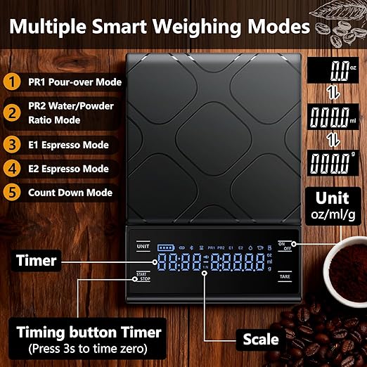 Coffee Scale High Precision 3kg/0.1g Coffee Scale with Timer Food Scale Kitchen Scale Backlit LCD for Espresso, Pour Over & Drip Brewing,Coffee Bar Accessories Rechargeable Includes Batteries(Black)